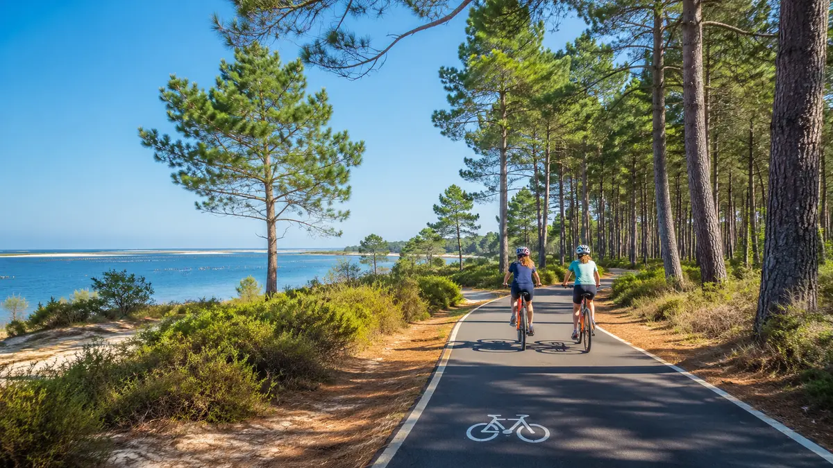 Cyclistes sur une piste cyclable au bord du Bassin d’Arcachon